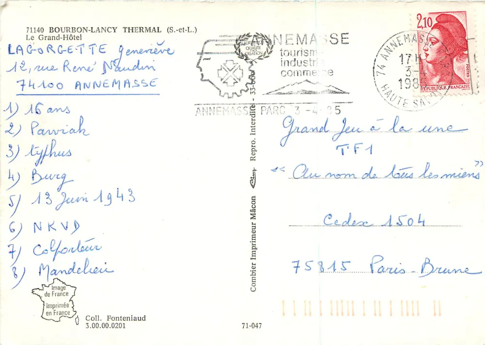 O Grand-Hôtel Bourbon-Lancy Thermal — Annemasse — Imprimerie Combier - Verso