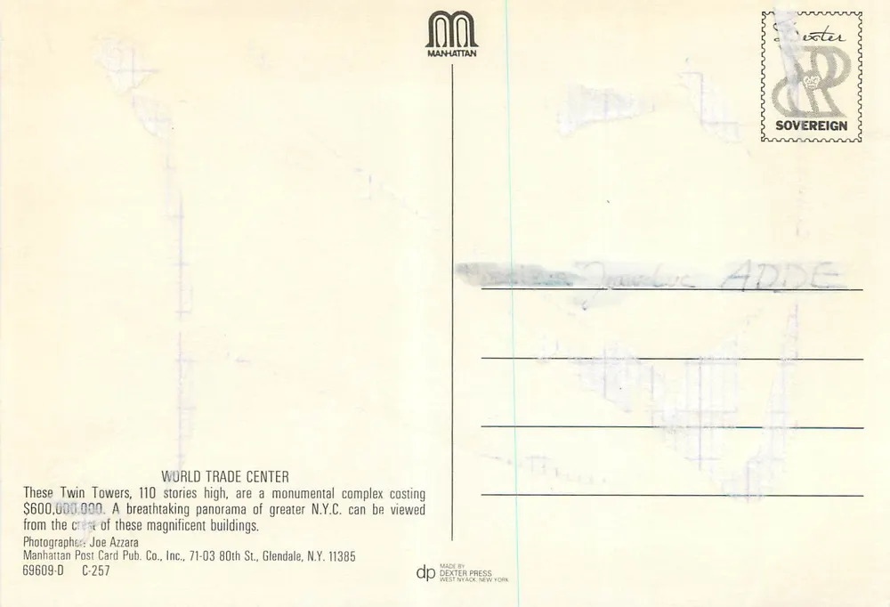 World Trade Center — Torres Gêmeas — Manhattan Post Card Pub. Co., Inc. C-257 - Verso