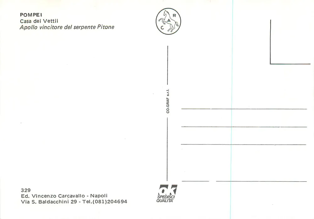Pompeia - Casa dos Vettii — Apolo vencedor do serpente Pitone — Ed. Vincenzo Carcavallo - Verso