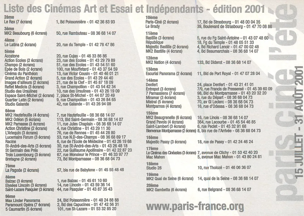 Paris ciné l'été — 15 juillet - 31 août 2001 — Mairie de Paris Culture - Verso