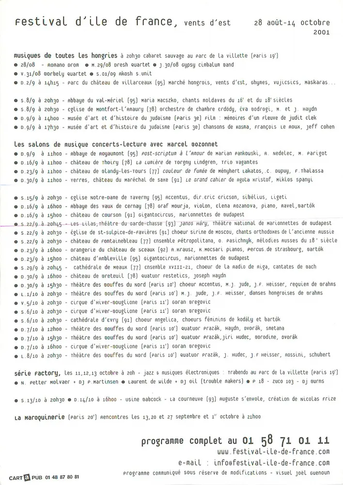 Festival da Île-de-France — ventos d' — Região Île-de-France, 28 de agosto a 14 de outubro de 2001 - Verso