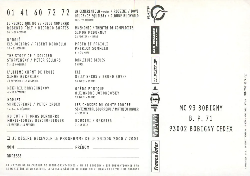 MC 93 Bobigny — Temporada 2000/2001 — Programa da Maison de la Culture - Verso