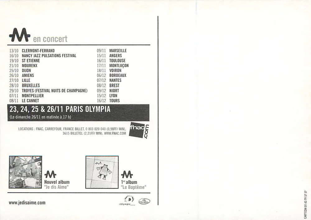 M in concert — new album « Je dis Aime » — Fnac / RTL / M6 - Back