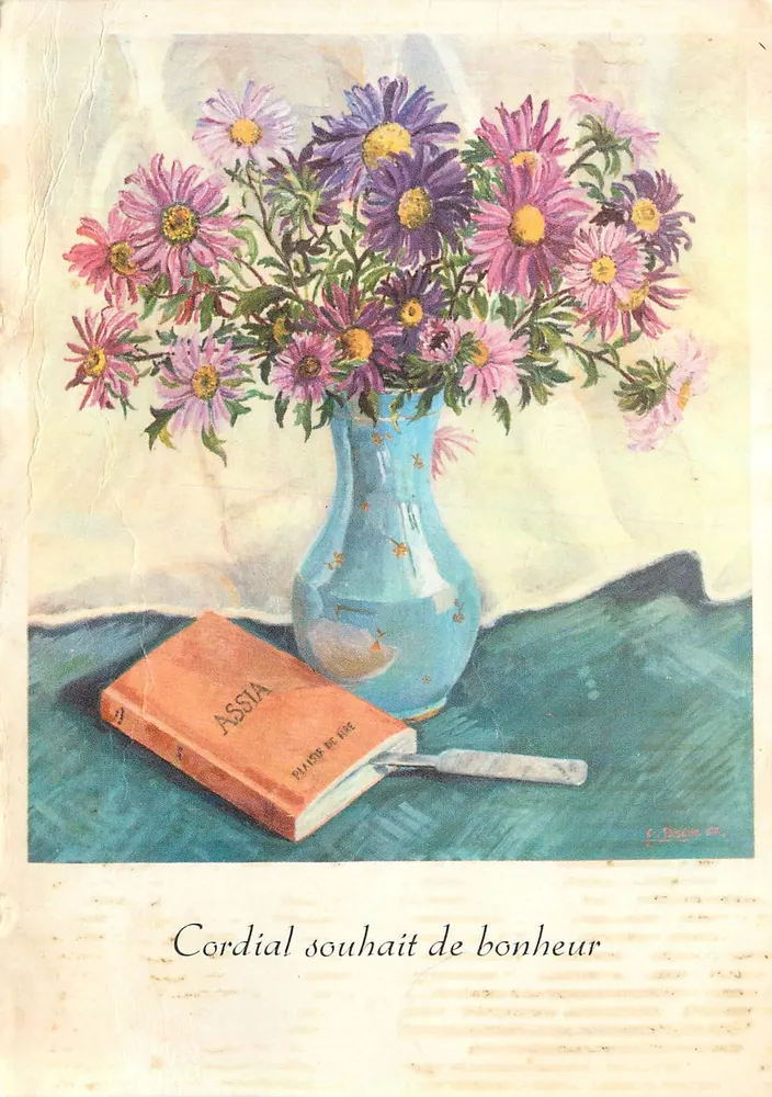 Fleurs dans un vase bleu — scène de nature morte avec livre et couteau — éditeur Ch. Pasche, n° 832 - Frente