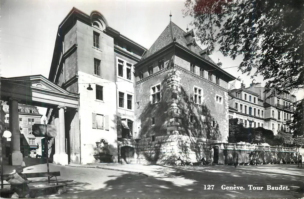 जेनेवा. टौर बॉडेट — मध्ययुगीन टॉवर के दृश्य साथ आसन्न भवन — सी. सार्टोरी फिल्स, संख्या 127 - आगे