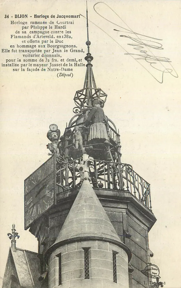 Dijon - Relógio de Jacquemart — Detalhe da torre da igreja Notre-Dame com inscrição histórica — R. L. D. editor - Frente