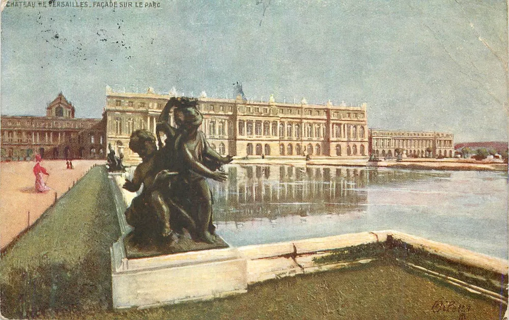 Castelo de Versailles — Fachada sobre o parque — Coleção 'Cidades da França' n° 5, edit. Raphael Tuck & Co. - Frente