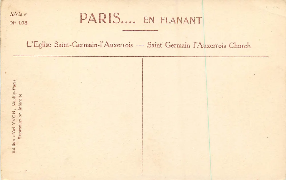 Die Kirche Saint-Germain-l'Auxerrois — Paris — Ausgabe YVON, Serie 6, Nr. 108 - Rückseite