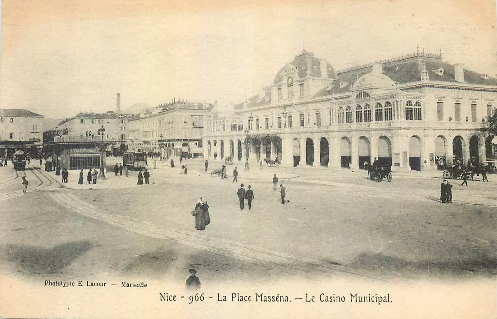Nice - A Praça Masséna — O Casino Municipal — Fototipia E. Lacour — Marselha — n° 966 - Frente
