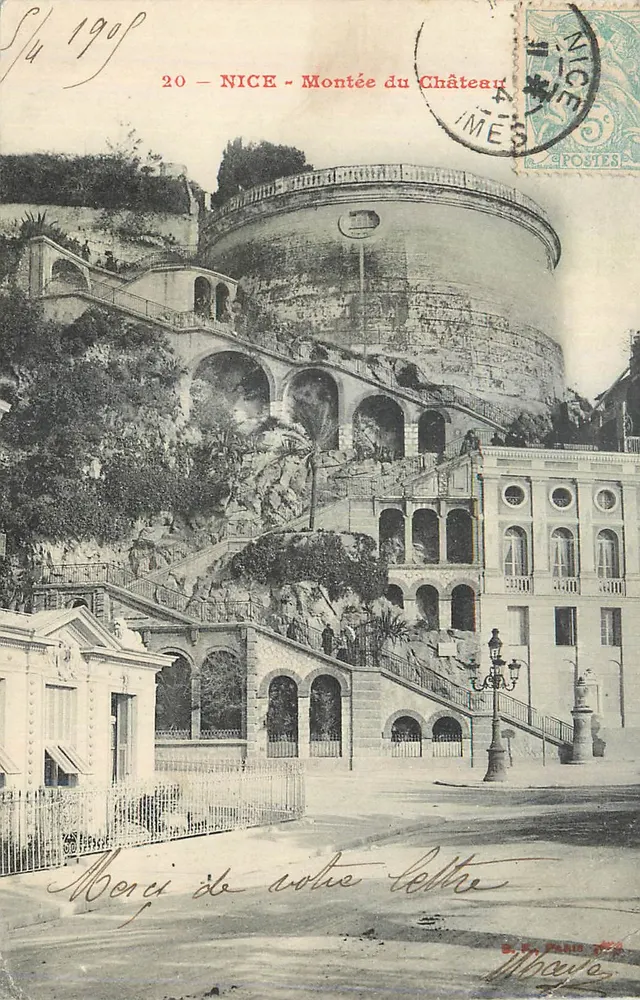 Nice - Montée du Château — vista da subida e do castelo circular — editor B.P. Paris, série 11 An - Frente