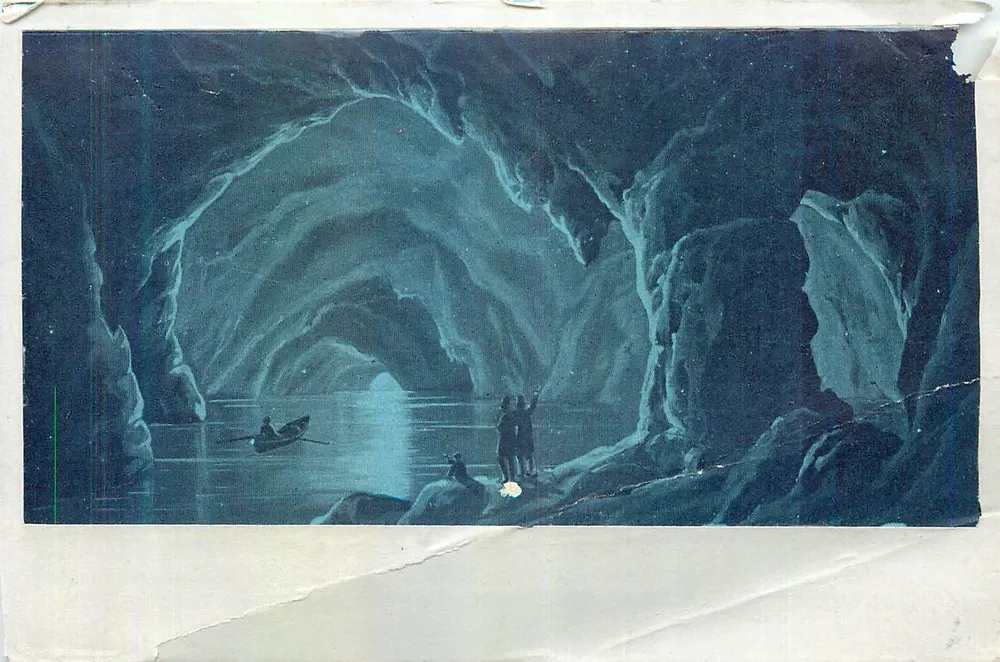 Scène de grotte — exploration nocturne avec canot et explorateurs — éditeur non identifié - Frente
