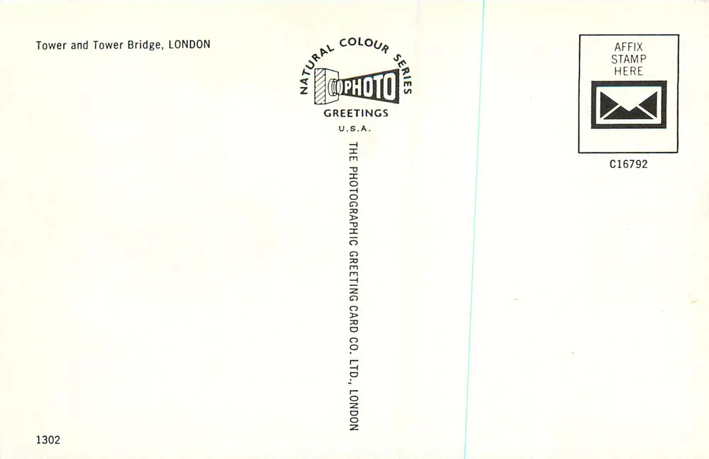 Torre e Ponte da Torre, Londres — Série Natural Colour — The Photographic Greeting Card Co. Ltd., Londres - Verso