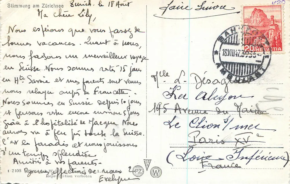 Stemming op het Zwitserse meer — Zürich, 18 augustus 1947 — uitgever Reprographie W. Weber & Cie A.A. n°2108 - Achterkant