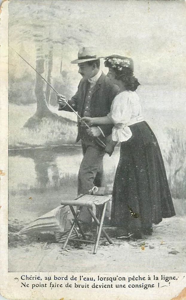 Pesca com vara — casal à beira da água — editor não visível - Frente