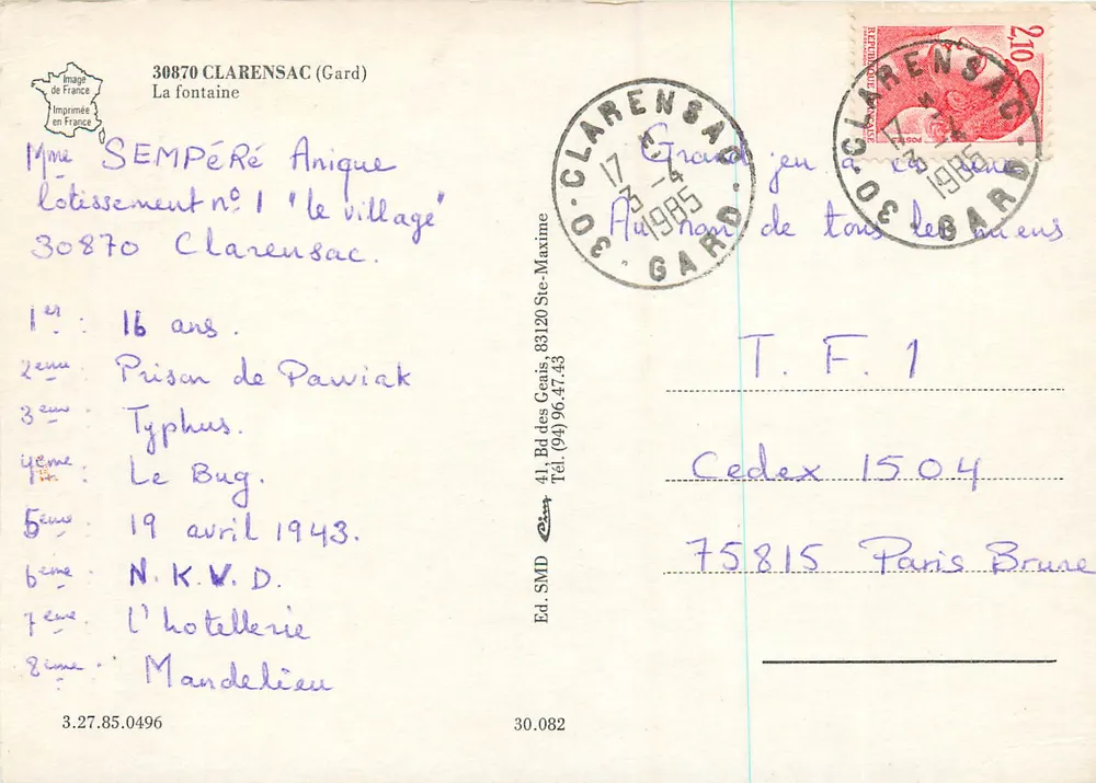 Clarensac — De fontein — Ed. SMD, 30.082 - Achterkant