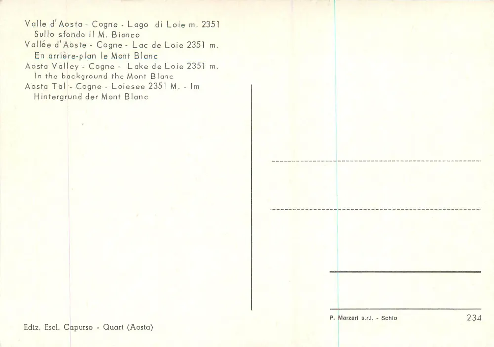 Lago di Loie - Valle d'Aosta — P. Marzari s.r.l. - Schio, Nr. 234 - Rückseite