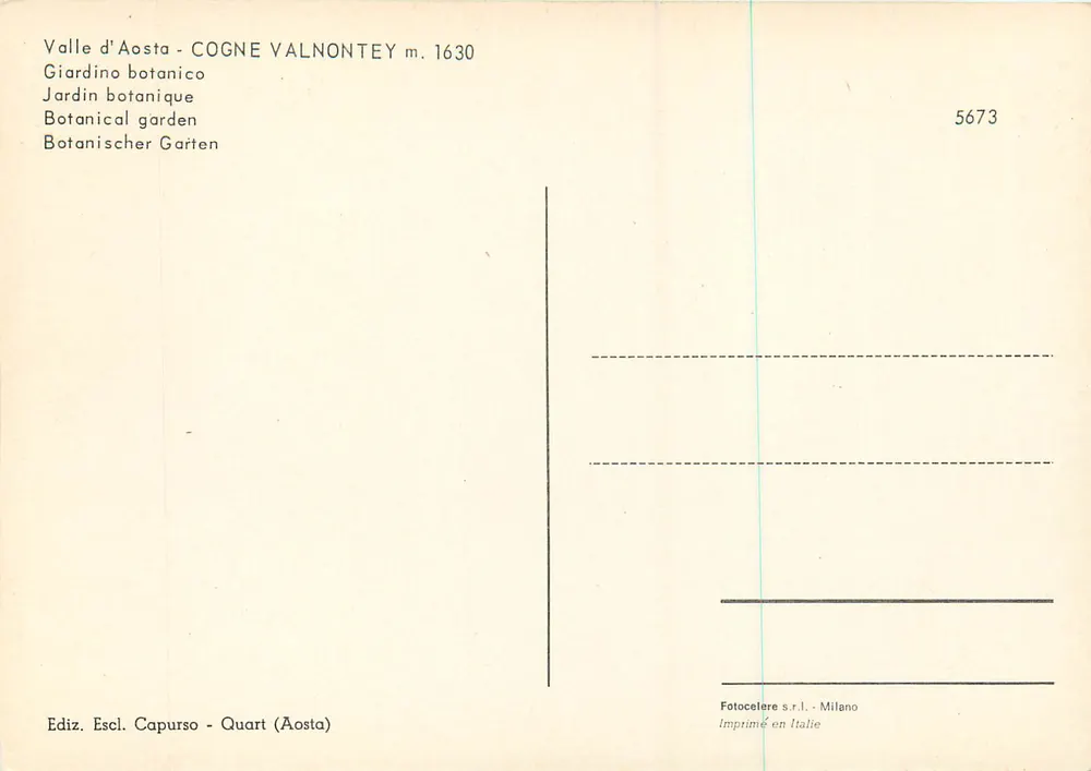 Valle d'Aosta - Cogne Valnontéy m. 1630 — Jardín botánico — Ediz. Escl. Capurso - Quart (Aosta) n° 5673 - Reverso
