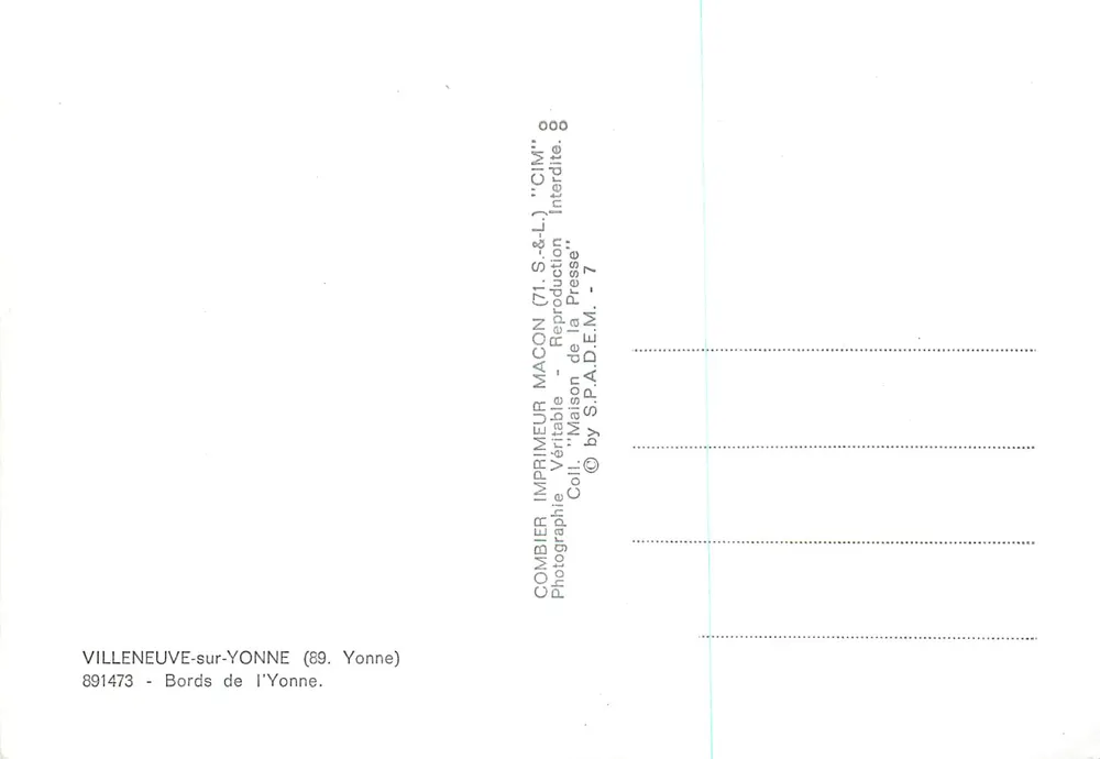 Villeneuve-sur-Yonne — Bords de l’Yonne — Imprimeur Combier, Macon - Verso
