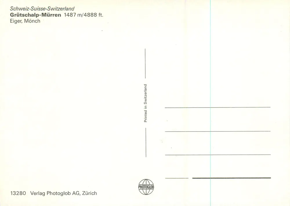 Grütschalp-Mürren — Eiger, Mönch — Verlag Photoglob AG, Zürich - Verso