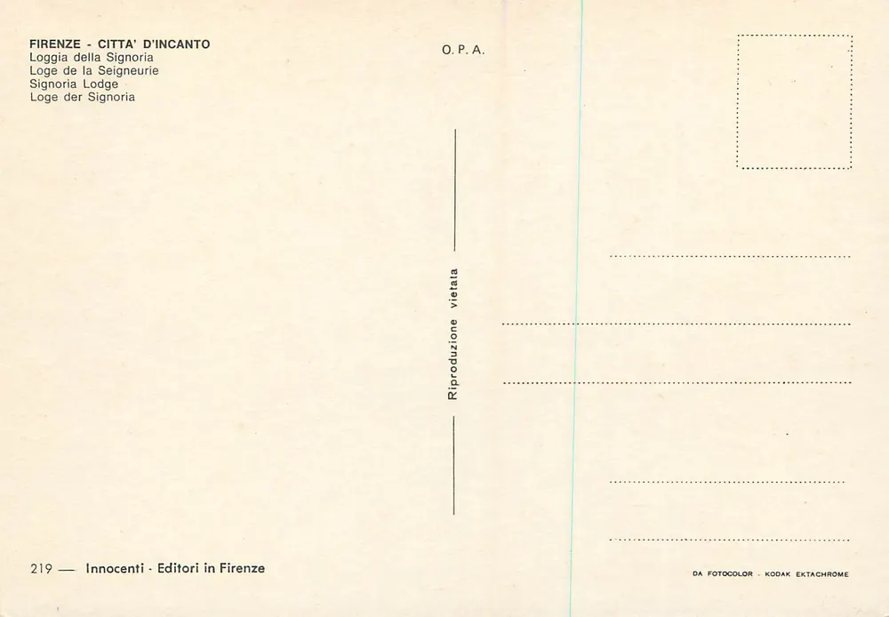 Loggia della Signoria — Florence — éditeur Innocenti, n°219 - Verso
