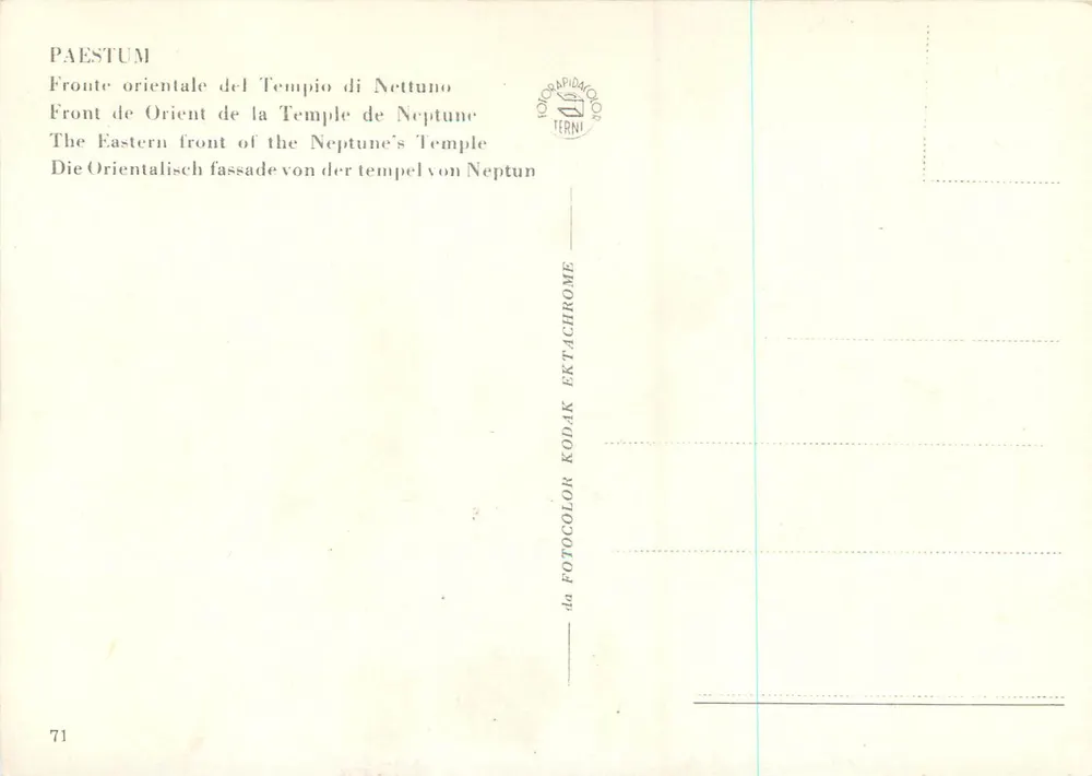 Paestum — Templo de Netuno — editor Terni, n°71 - Verso