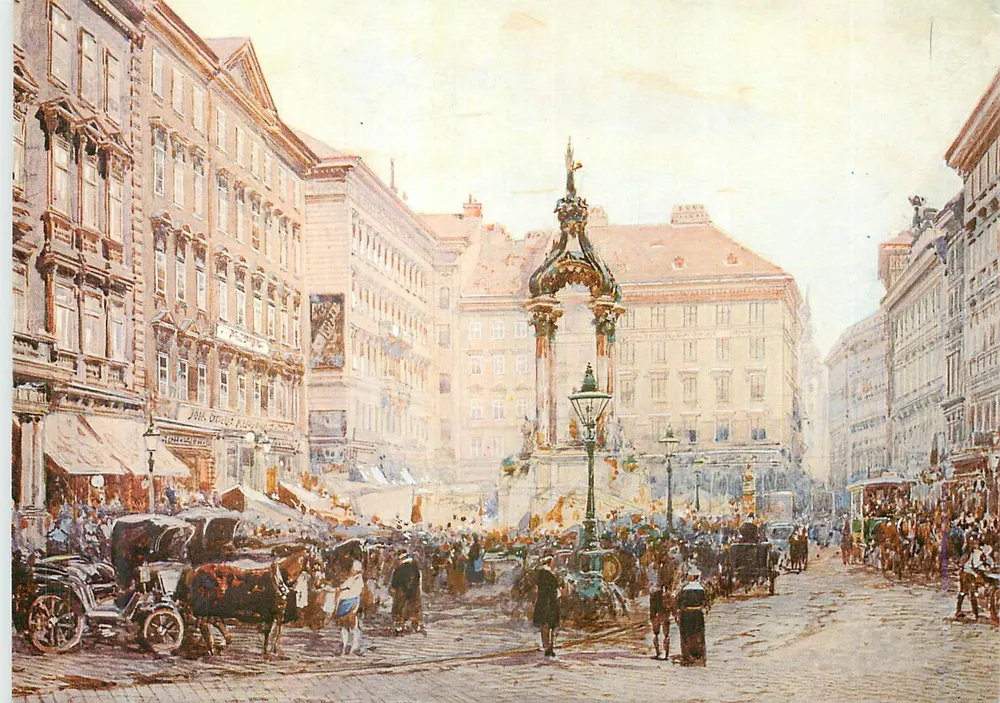 Place du Marché Haut a Vienna — vista animata con fontana e veicoli — editore Esperanto Internationale Sprache - Recto
