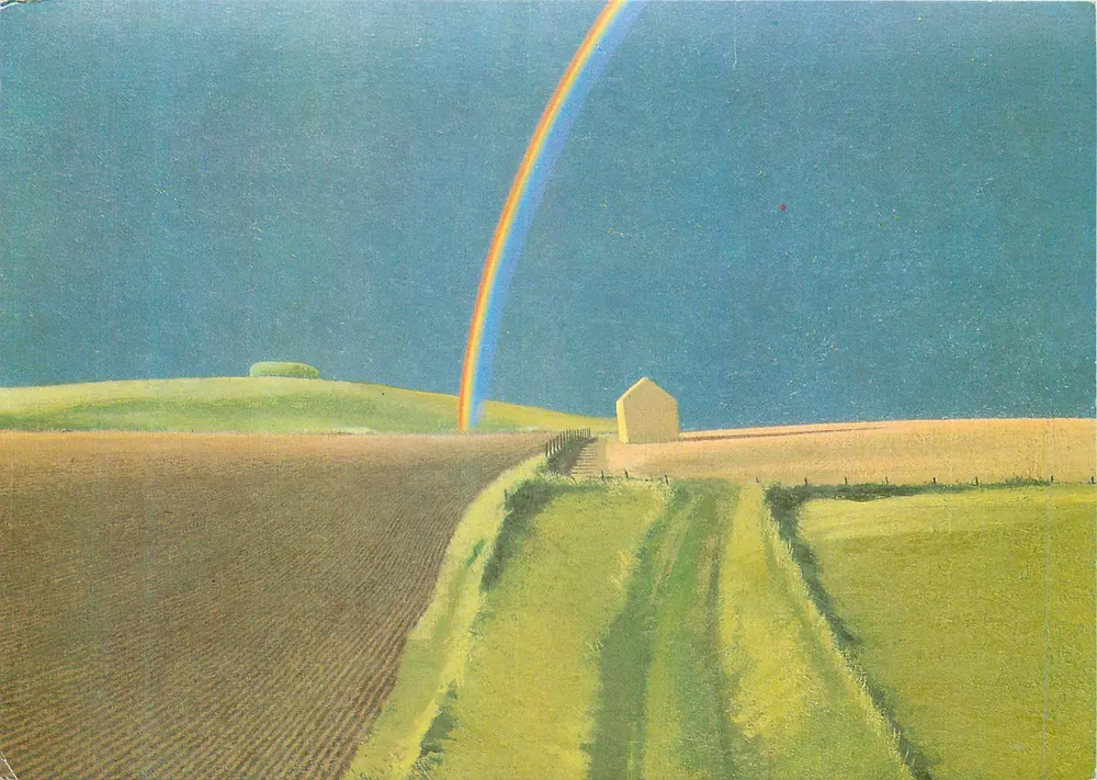 Paisagem de Wiltshire — David Inshaw — editor Artists' Cards, Londres, n° 16a - Frente