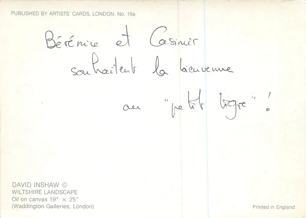 Paisagem de Wiltshire — David Inshaw — editor Artists' Cards, Londres, n° 16a - Verso