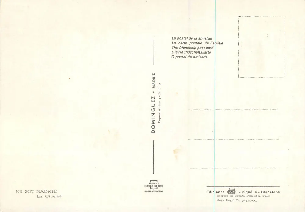 A Cibeles — Madrid — Editor Dominguez Escudo de Oro, n° 207 - Verso