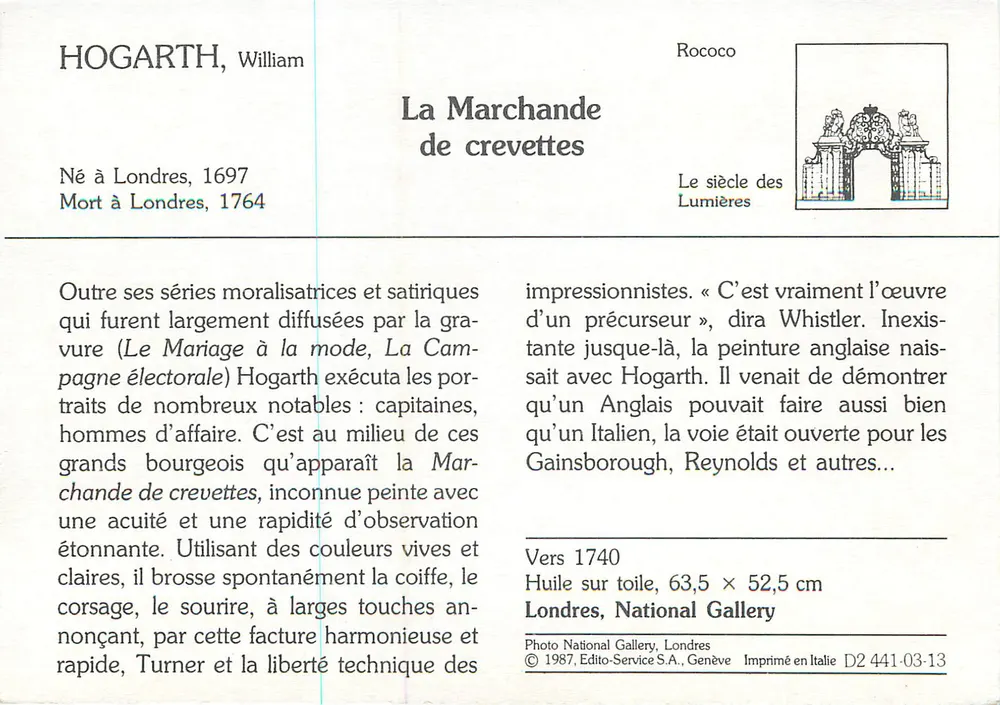 A Vendedora de Camarões — William Hogarth — Editor: Editio-Service S.A., Genebra, n° D2 441-03-13 - Verso