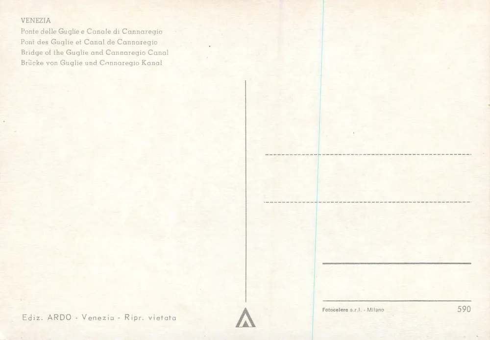 Venise — Ponte delle Guglie et Canal de Cannaregio — Édition ARDO, n°590 - Verso