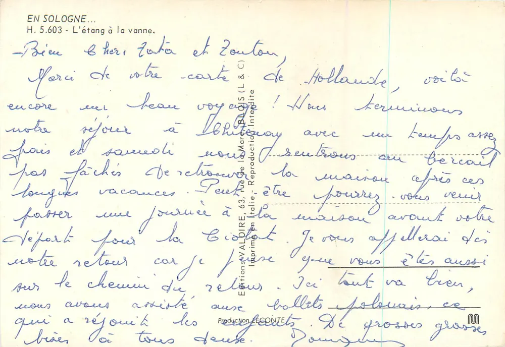 L'étang à la Vanne — Em Sologne — Éditions Valdîre - Verso