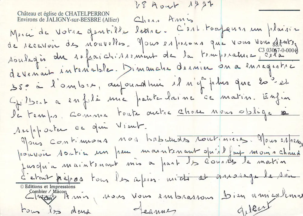 Châtelperron — vista panorâmica do castelo, da igreja e de um torreão — Edições e Impressões Combier / Mâcon - Verso
