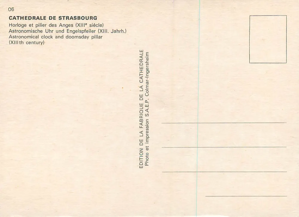 Dom von Straßburg — Astronomische Uhr und Säule der Engel (13. Jahrhundert) — Edition der Domfabrik, Colmar-Ingolsheim - Rückseite