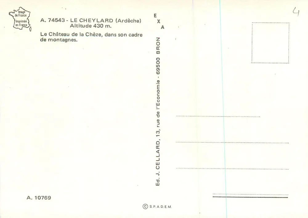 Das Schloss de la Chêze — Le Cheylard (Ardèche) — Ed. J. Cellard, Bron - Rückseite