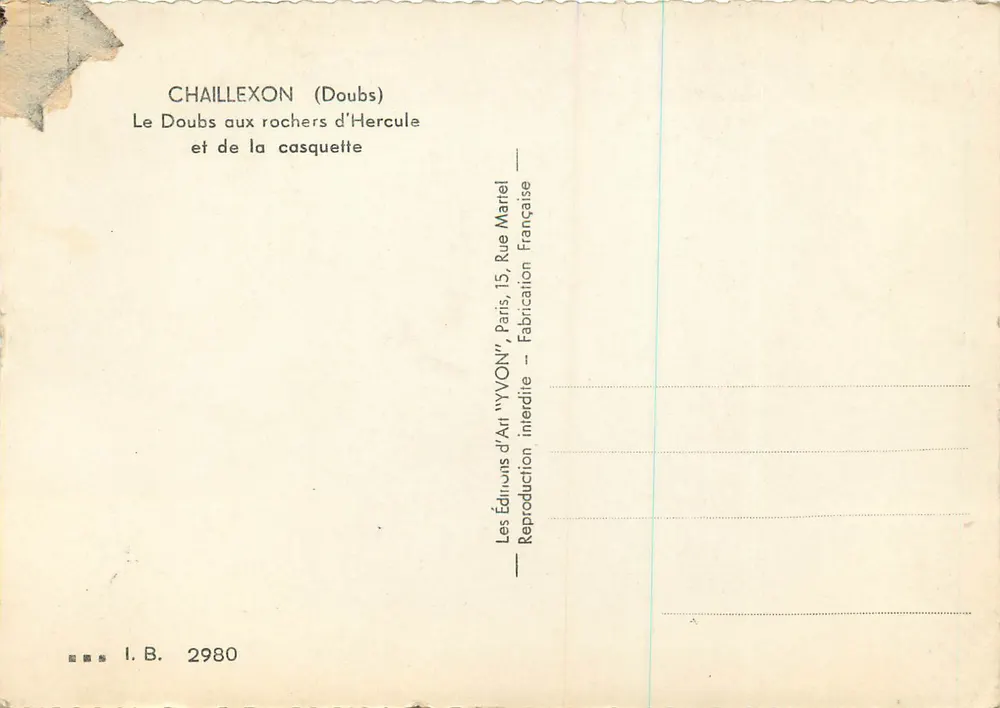 Chaillexon (Doubs) — Der Doubs an den Felsen von Hercules und der Kappe — Éditions d'Art 'YVON', Paris - Rückseite