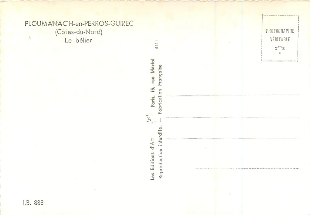Le bélier — PLOUMANAC'H-en-PERROS-GUIREC (Côtes-du-Nord) — Les Éditions d'Art Martel - Verso