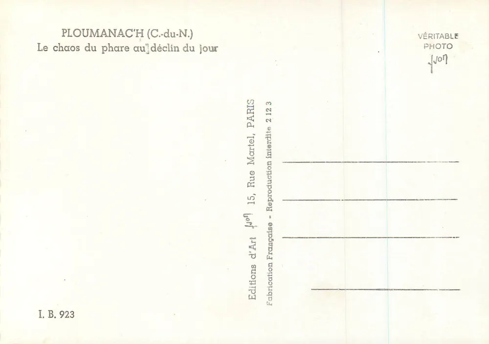 PLOUMANAC'H (C.-du-N.) — Le chaos du phare au déclin du jour — Éditions d'Art Martel, Paris - Verso