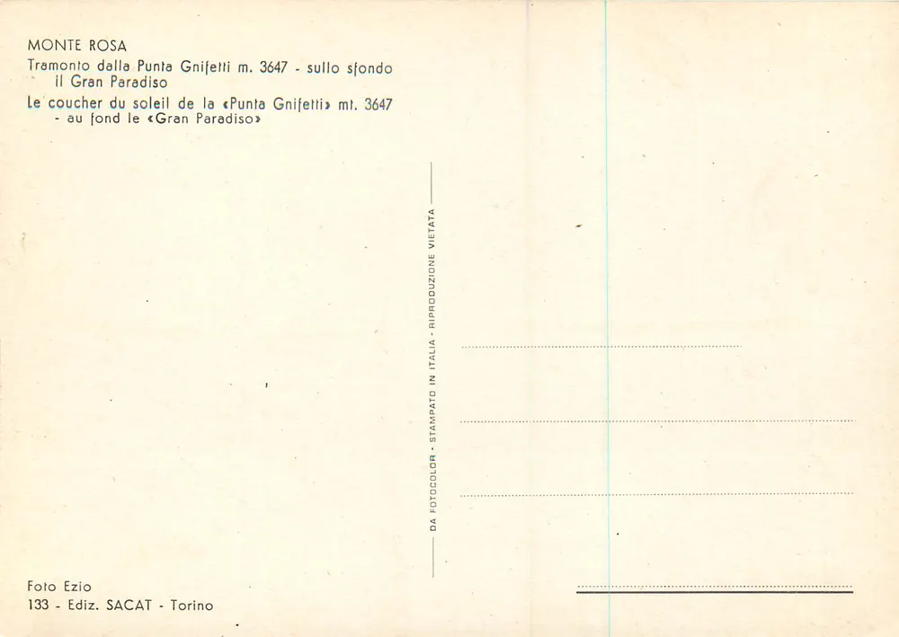Monte Rosa — Zonsondergang vanaf de Punta Gnifetti m. 3647 — uitgever SACAT, n° 133 - Achterkant