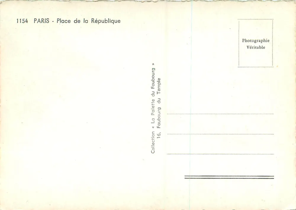 Place de la République — Paris — Coleção « La Palette du Faubourg du Temple » n°1154 - Verso