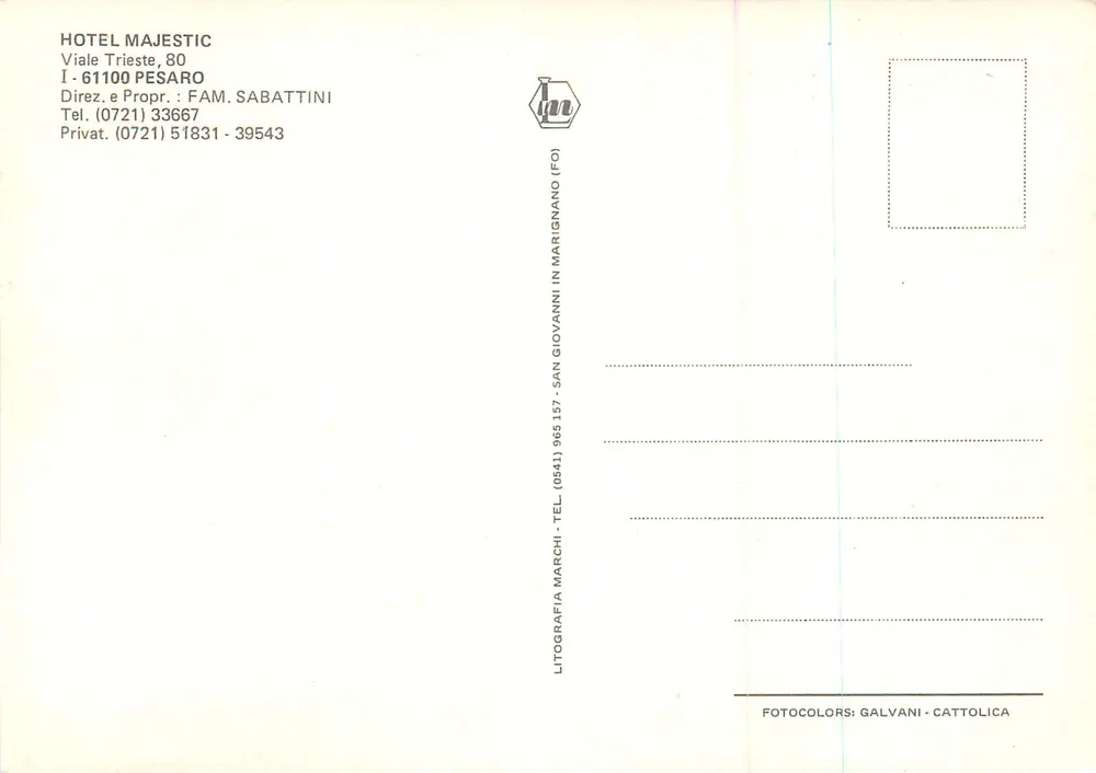 Hotel Majestic — Pesaro, Italy — published by FOTOCOLORS GALVANI CATTOLICA - Back