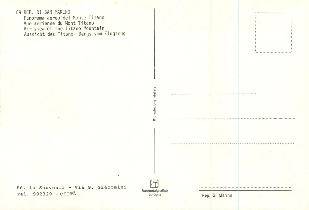 S. Marino — Luftbild des Monte Titano — Ed. La Souvenir - Rückseite