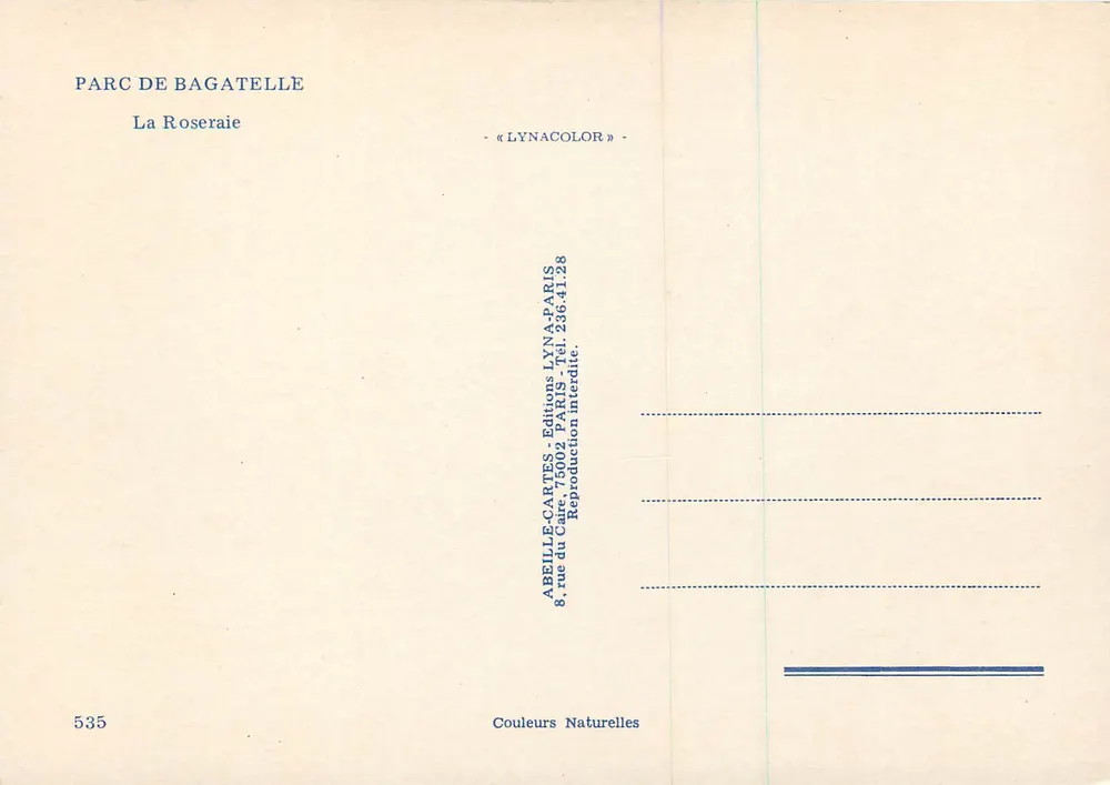Parque de Bagatelle — A Rosaleda — Éditions Lyna - Verso