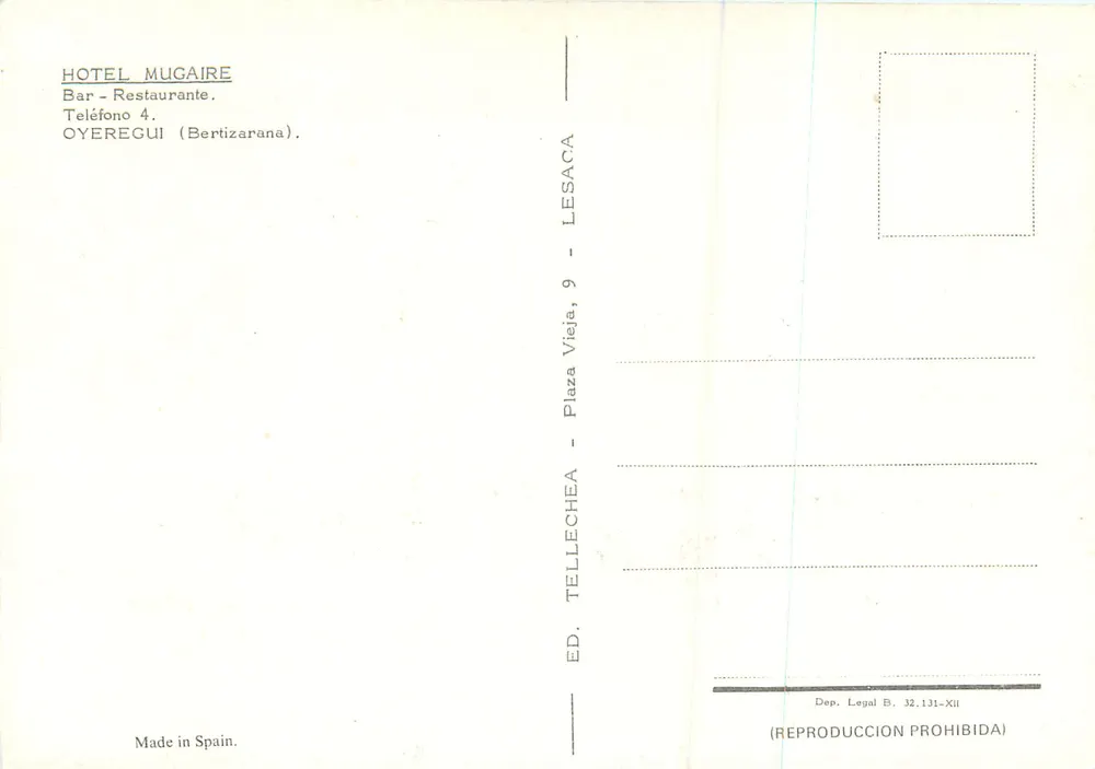 Hotel Mugaire — Bar-Restaurante — Ed. Tellechea, Oyeregui (Bertizarana) - Verso
