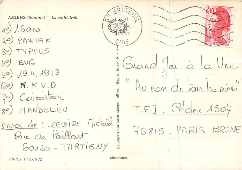 Amiens (Somme) — A catedral — Editora Cimcrome, n° 80021 170.0032 - Verso