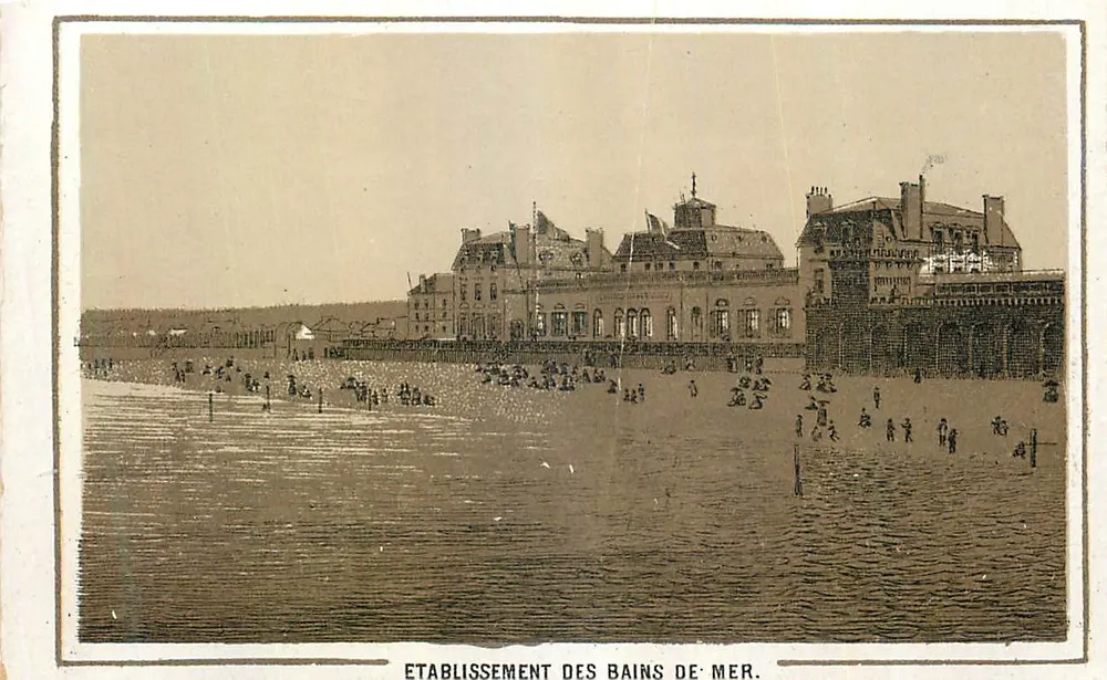 Estabelecimento dos Banhos de Mar — vista da praia e do edifício principal - Frente