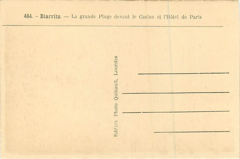 Biarritz — Die große Strandpromenade vor dem Casino und dem Hôtel de Paris — Verleger Quinault, Lourdes - Rückseite