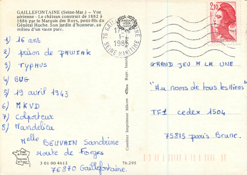 Gaillefontaine (Seine-Maritime) — Luftbild des Schlosses der Roys — Verleger Cing - Rückseite