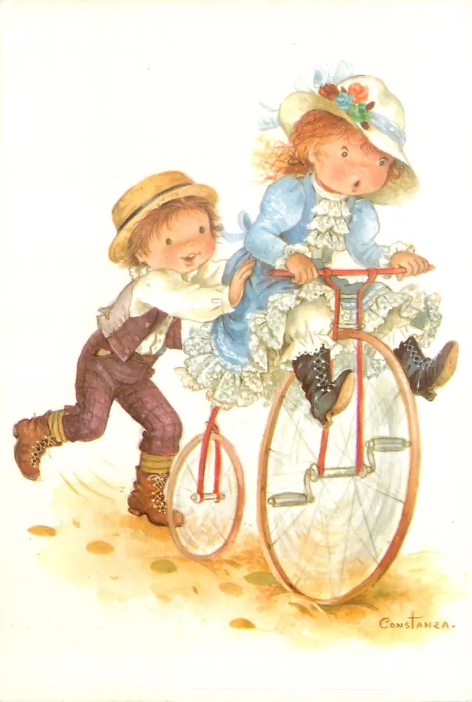 Crianças brincando com uma bicicleta — ilustração de Constanza — editor C.Y.Z. n° 6084-C - Frente
