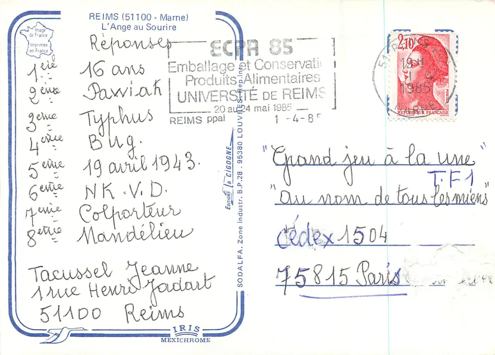 O Anjo com o Sorriso — REIMS (51100 - Marne) — IRIS MEXICHROME - Verso